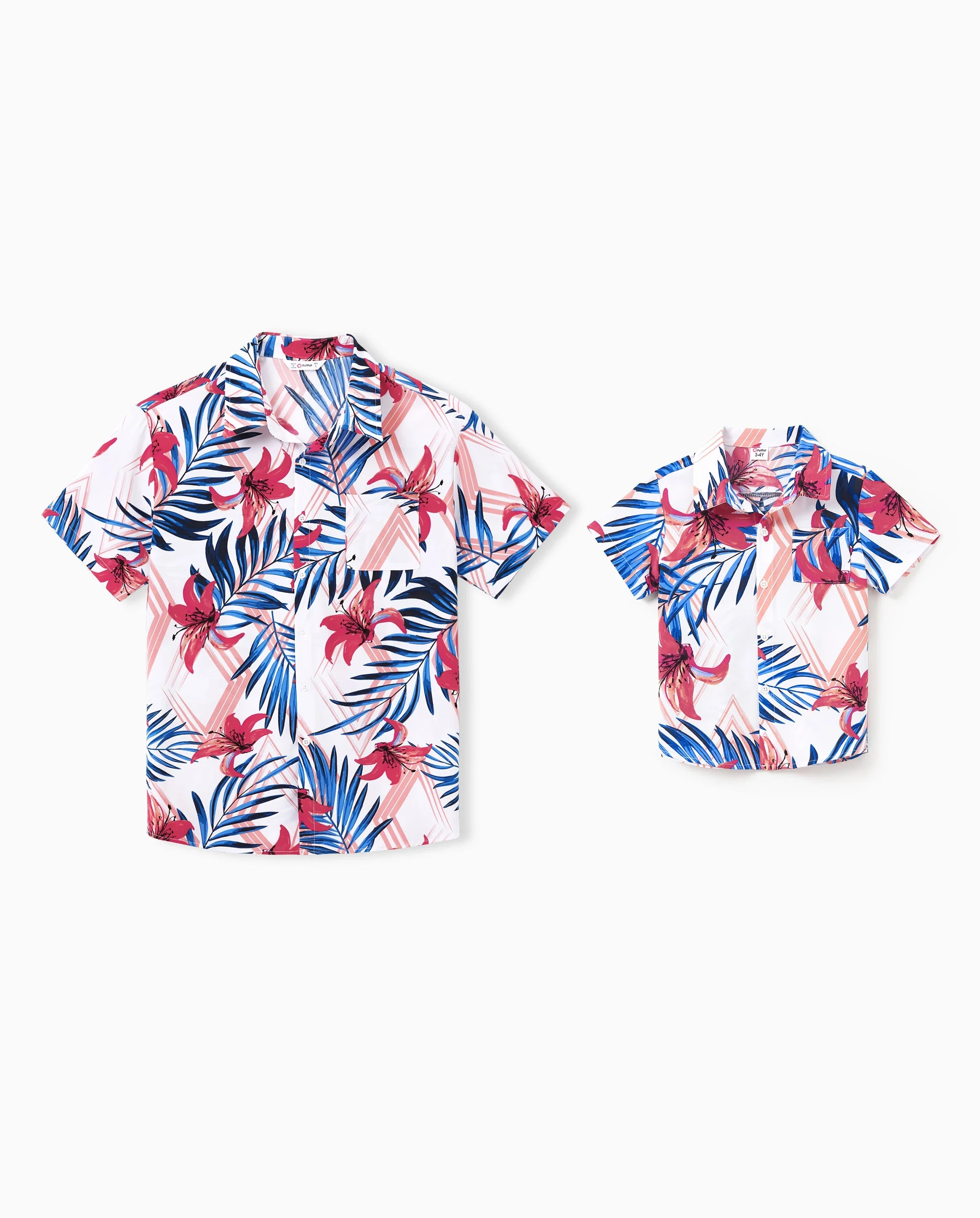 Daddy & Son Tropical Floral Outfits Pink Blue Leaf Print Short-sleeve Shirt Set for Vacation, Cruise, Beach White - Image 7