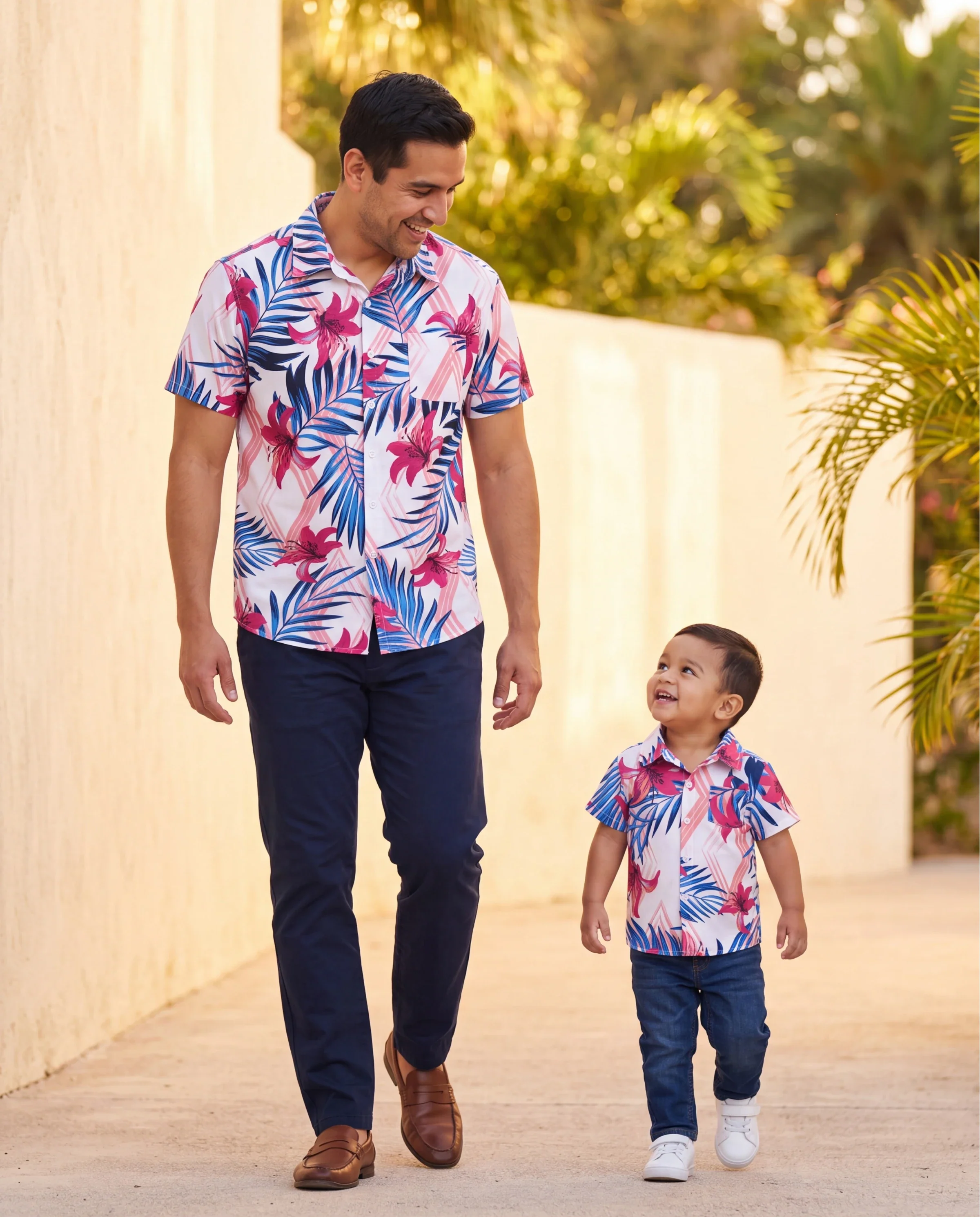 Daddy & Son Tropical Floral Outfits Pink Blue Leaf Print Short-sleeve Shirt Set for Vacation, Cruise, Beach White - Image 8