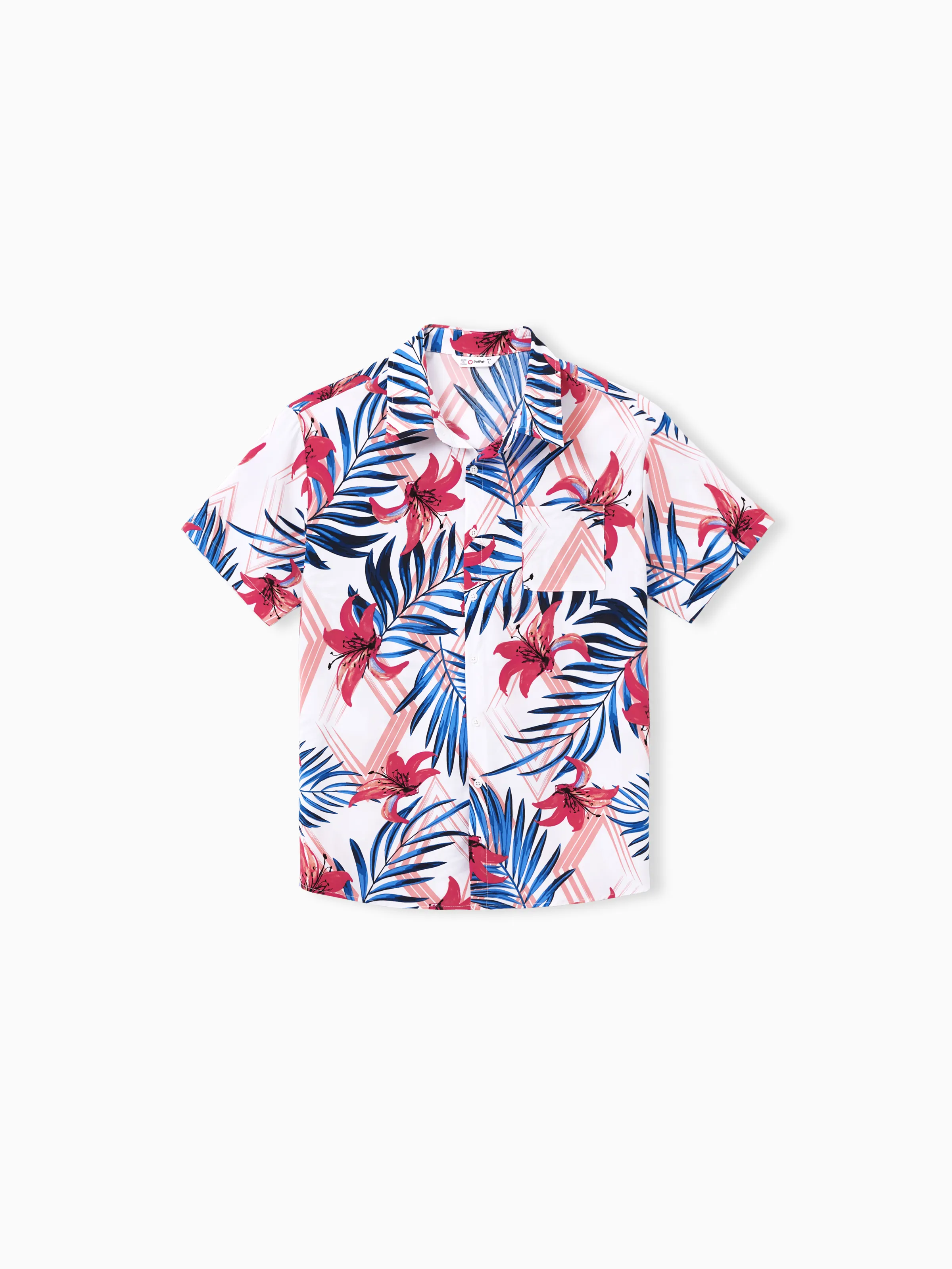 Tropical Floral Family Matching Outfits Pink Blue Leaf Print Short-sleeve Shirt or One Shoulder Smocked top and Skirt Co-ord Set for Vacation, Cruise, Beach White - Image 6