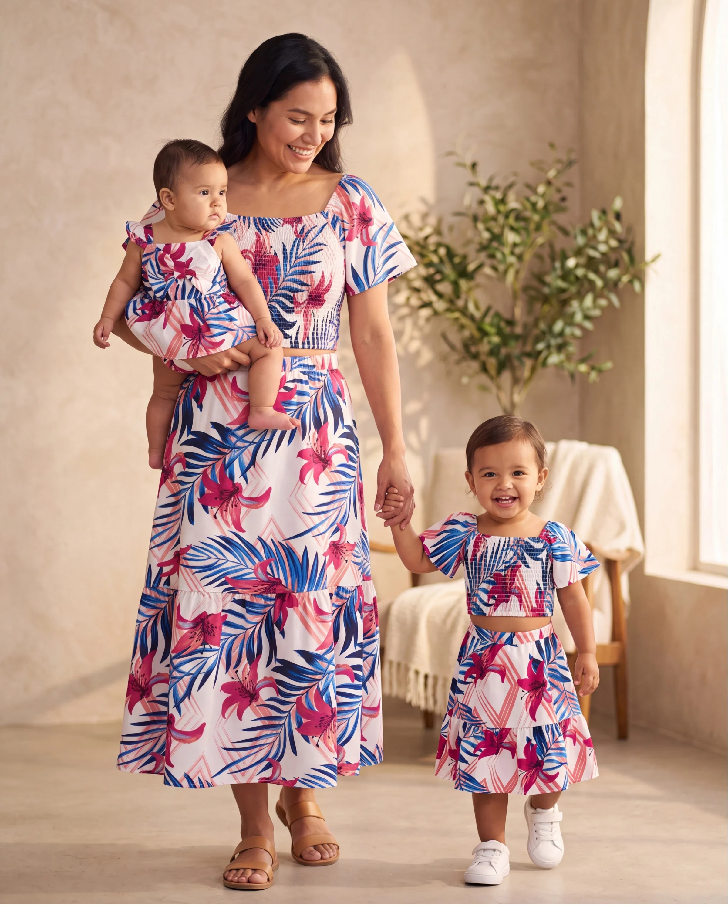 Mommy & me Tropical Floral Outfits Pink Blue Leaf Print Short-sleeve Shirt or One Shoulder Smocked top and Skirt Co-ord Set for Vacation, Cruise, Beach White - Image 9